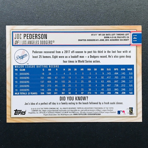 Joc Pederson - 2019 Topps Big League #141 - Picture 2 of 2
